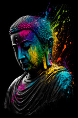 Close up Buddha statue on black background. Budda statue on black background. Colorful meditation Budda sculpture. Religios statue on black background.