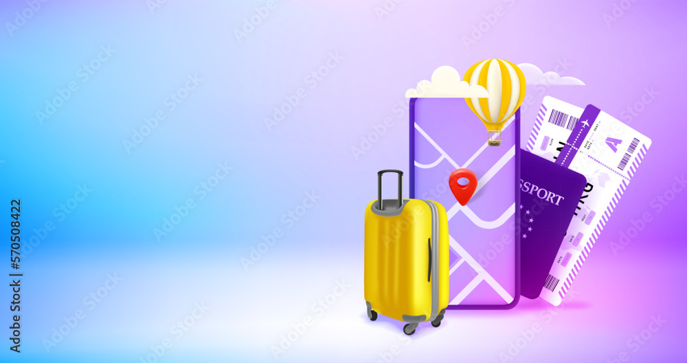 Poster travel with mobile map concept. vector 3d banner with copy space