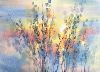 Pussy willow twigs in a blue and yellow watercolor background