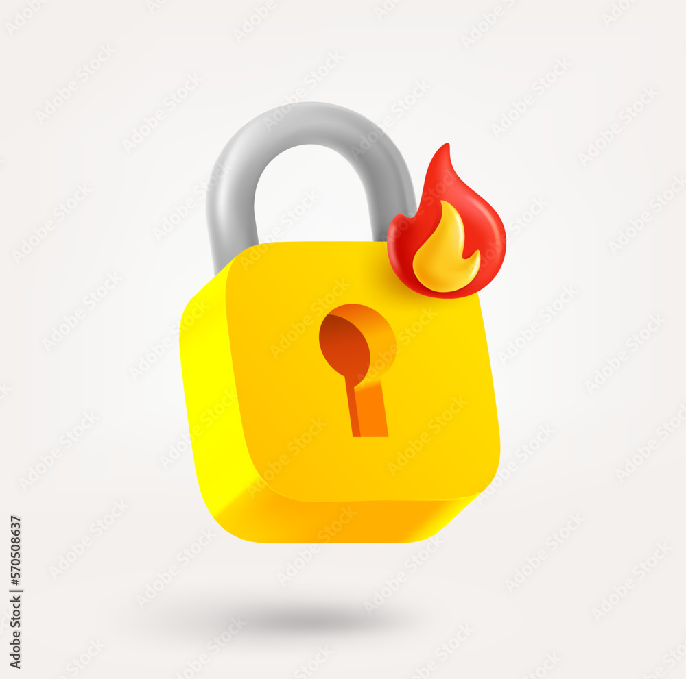 Poster padlock with flame symbol. 3d vector icon isolated on white background