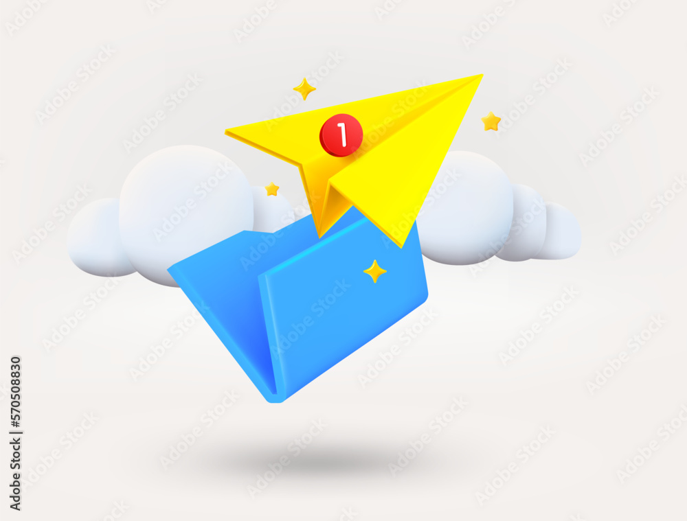 Poster Blue folder with paper plane. New message concept. 3d vector illustration