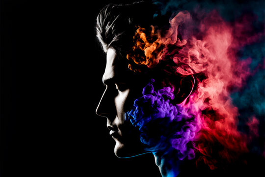 Male portrait in abstract multi color paint explosion on black background. Paint clouds with person silhouette on black background, Generative AI