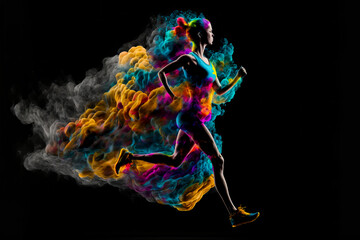 Female run in abstract multi color paint explosion on black background. Freeze motion female athlete running through paint cloud. Paint clouds with person silhouette on black background, Generative AI