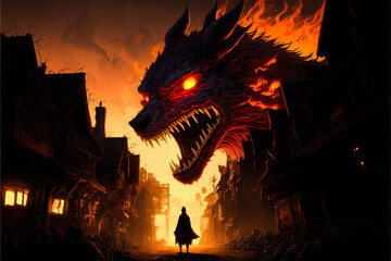 Mystical scandinavian beast wolf Fenrir destroying modern city. Fenrir start Ragnarok, fire and smoke clouds. North Mythology background, Generative AI.