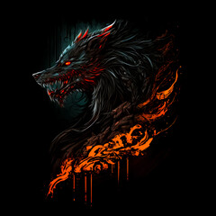 Mystical scandinavian beast wolf Fenrir in flame and darkness. Fenrir's beast head on black background. North Mythology background, Generative AI. - obrazy, fototapety, plakaty