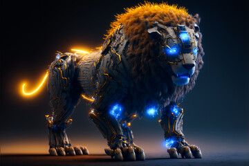 Cyber lion with neon glowing eyes and bodyparts on dark background, Generative AI. Cyborg lion. Robot lion. Futuristic predator.