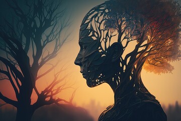 Human Head fused with branches and leaves of trees with hair made of leaves. At Sunset.