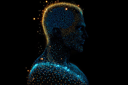 Digital human. New era human concept. Cyber male portrait. Male face made from colorful dots, planes, meshes and lines, Generative AI. AI personalisation concept.