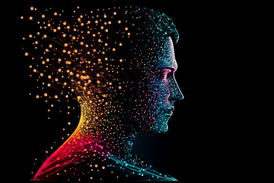 Digital human. New era human concept. Cyber male portrait. Male face made from colorful dots, planes, meshes and lines, Generative AI. AI personalisation concept.