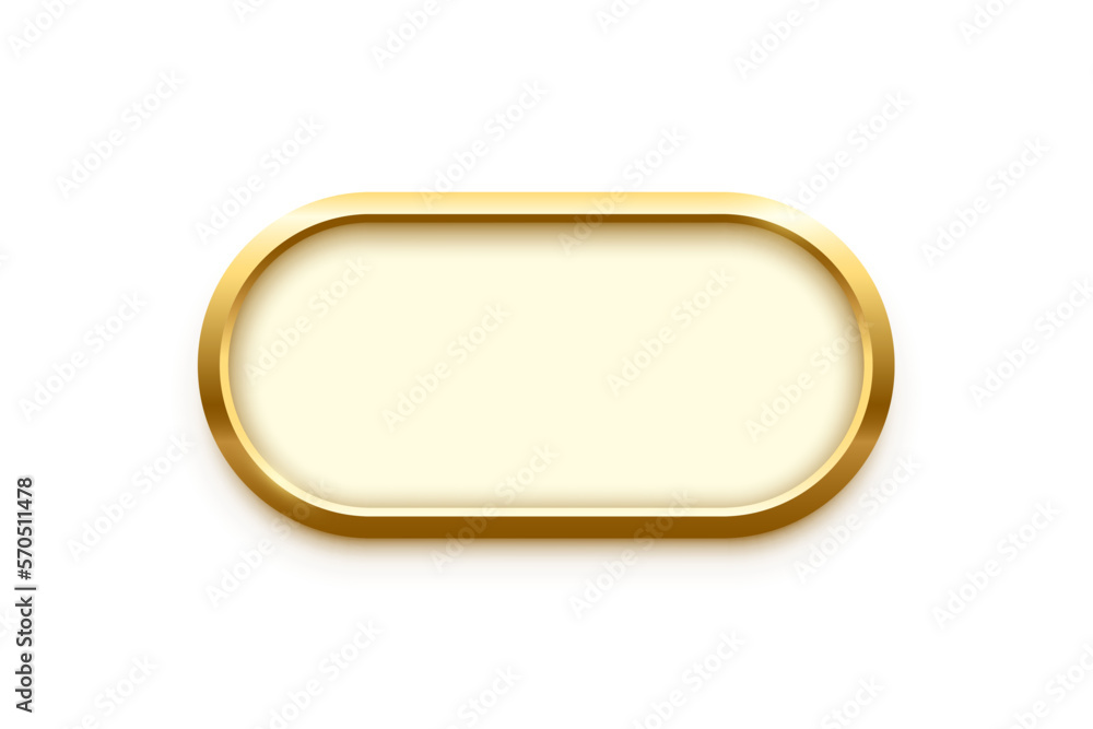 Poster 3d plate button of ellipse shape with golden frame vector illustration. realistic isolated website e