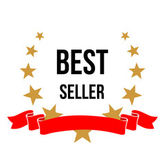 Best seller emblem, badge with wreath of gold stars on red ribbon vector illustration. Award label for certified winner, bestseller seal template for top sales, luxury reward icon