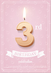 Burning number 3 birthday candle with vintage ribbon and birthday celebration text on textured pink background in postcard format. Vector vertical three birthday invitation template