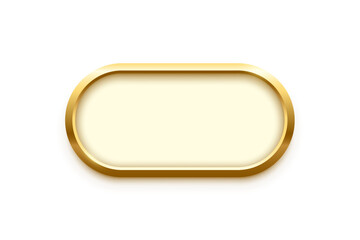 3d plate button of ellipse shape with golden frame vector illustration. Realistic isolated website element, golden glossy label for game UI, oval badge of navigation menu with light effect on border