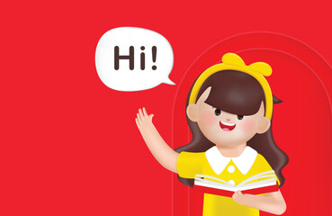 3d cartoon woman character greeting with hands up. 3d vector cartoon people design. Reading a book at the library.