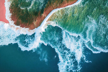 Spectacular top view from drone photo of beautiful pink beach with relaxing sunlight, sea water waves pounding the sand at the shore. Calmness and refreshing beach scenery. - obrazy, fototapety, plakaty