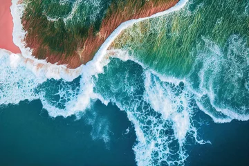 Tuinposter Spectacular top view from drone photo of beautiful pink beach with relaxing sunlight, sea water waves pounding the sand at the shore. Calmness and refreshing beach scenery. © Blue Planet Studio