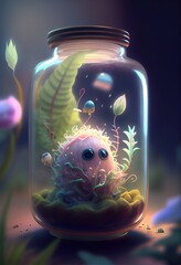 Adorable Monster Charming Illustration in a Glass Jar, wallpaper background