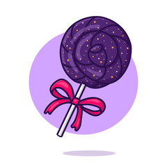 A lollipop with a space filling and stars on a stick. Vector illustration in cartoon flat style. A space-style lollipop icon with a bow.