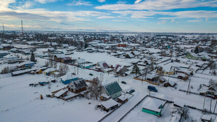 The village of Sovetskoye in the Altai Territory from a bird's-eye view taken on a drone