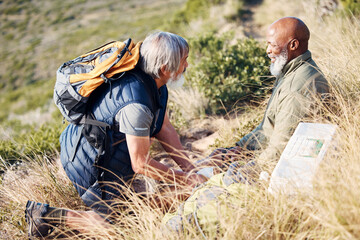 First aid, knee pain and hiking with senior friends in nature for trekking, adventure and fitness. Help, bandage and medical with old men and injury on trail for backpacking, discovery and emergency