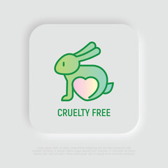 Cruelty free sign. Thin line icon of rabbit with heart. Symbol for beauty product. Modern vector illustration.