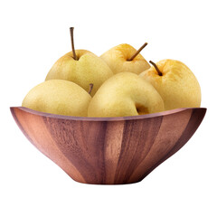 Fresh Chinese pear fruit in a wooden bowl isolated on a transparent background
