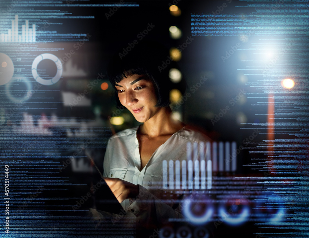 Aufkleber Overlay, analytics and information technology with a woman programmer working in a dark office for cyber security. Data, software or 3d with a female employee using a ux interface for finance trading