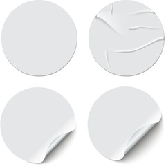 White adhesive stickers. Blank templates of price tags. Empty mockup paper circles.