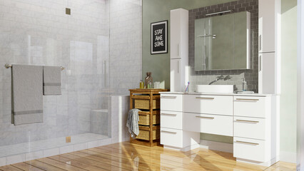 design idea of modern bathroom interior with white vanity cabinet and quartz countertop, tile backsplash, marble tiled bath shower and porcelain floor tiles with wooden textures