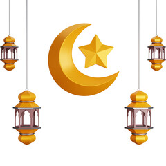 3D Rendering four lantern lights with a crescent moon isolated