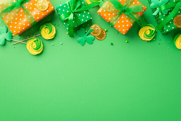 St Patrick's Day concept. Top view photo of green and orange present boxes with bows meringue...