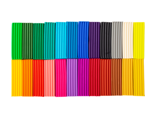 plasticine sticks isolated on white background with clipping path. 24 colors set of colorful modeling clay. Pieces of multicolor plasticine. Top view, close-up.