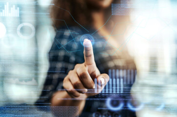 Hologram data, pointing and hand of woman on future dashboard, ui dashboard or stock market analytics. African investment chart, overlay and trader with holographic NFT, bitcoin or forex trading ai