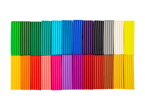 plasticine sticks isolated on white background with clipping path. 24 colors set of colorful modeling clay. Pieces of multicolor plasticine. Top view, close-up.