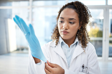 Fototapeta na wymiar Black woman, science and medical research, gloves and hand, scientific innovation with safety and health science. Healthcare, doctor and investigation, forensic analysis with test, experiment and PPE