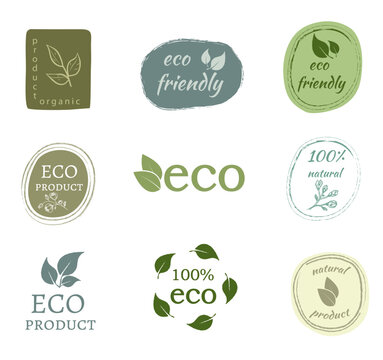 Vector set of hand drawn eco logos and emblems of organic food, natural products, advertising badges collection, organic product promotion, healthy lifestyle. isolated on white background
