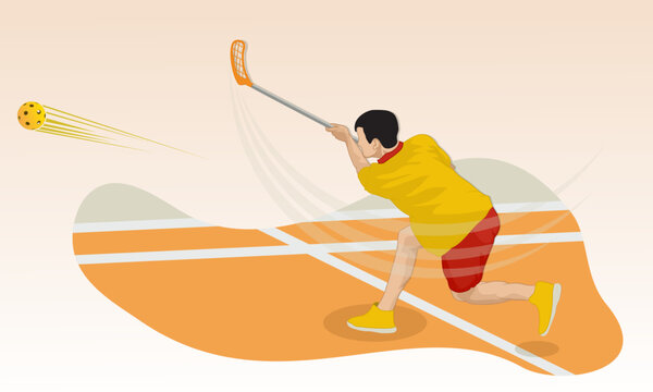 A young athlete in the game of floorball makes a hit with a sports stick on the ball.