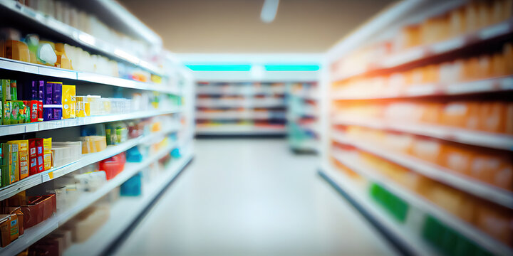 Blurred Department Store Interior: A Modern Grocery Aisle with Defocused Shelves and Products for a Shopping Mall or Supermarket Background. Copy space. Generative AI