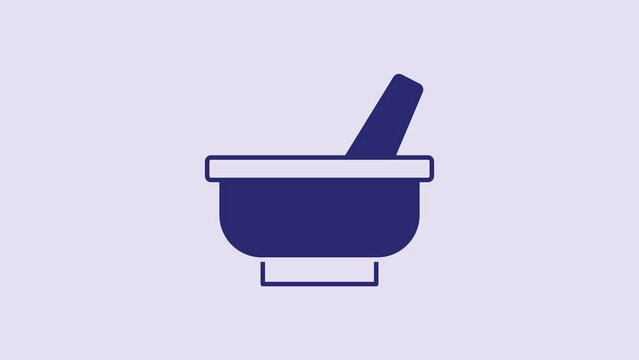 Blue Mortar and pestle icon isolated on purple background. 4K Video motion graphic animation