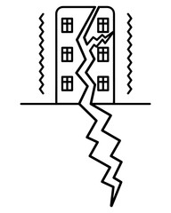 The house vibrates. The tremors split the building. The facade is covered with cracks. Sketch. Vector illustration. Earthquake. Outline on isolated background. Natural disaster.