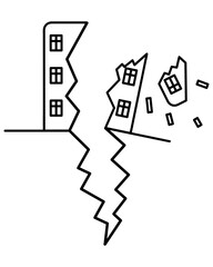 The house cracked due to the tremors of the earthquake. Part of the house collapses and falls piece by piece. The roof and structures fly to the sides. Sketch.Vector illustration. Outline on isolated 