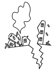The residential building began to collapse and fall. Structures fly in different directions. A column of dust rose. Vector illustration. The crack on the building was formed due to the tremors 