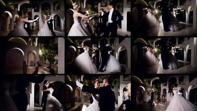 beautiful dames and gentlemen are dancing in ballroom, collage shot of video, classic dance ball