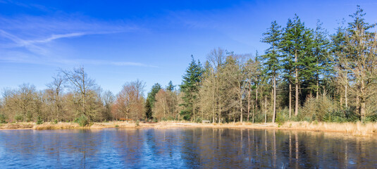 Panorama of a frozen lake in national park Drents Friese Wold, Netherlands