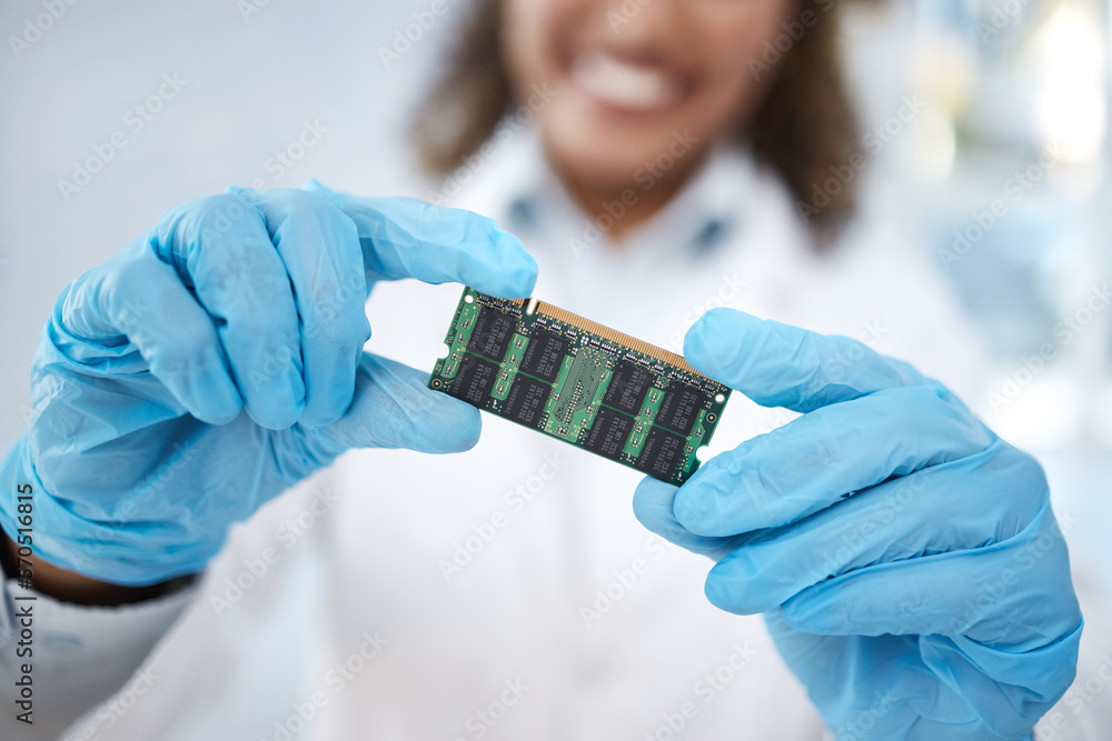 Poster microchip, tracker or motherboard in hands of engineer or electronics expert working on electric pro