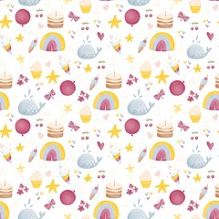Seamless pattern with cute baby pictures, whale, firecracker, holidays, birthday. Children's illustration for print