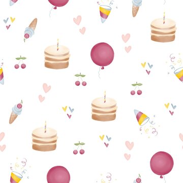 Seamless pattern with cute baby pictures,  firecracker, holidays, birthday. Children's illustration for print