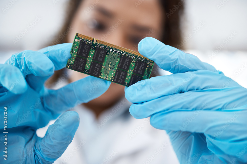 Poster microchip, device or motherboard with engineer or electronics expert working on electric project. te