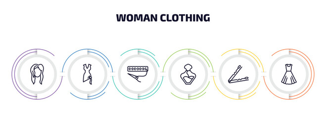 woman clothing infographic element with outline icons and 6 step or option. woman clothing icons such as human black hair, bow black, clothing stitches, perfume, hair clip tool, vintage dress