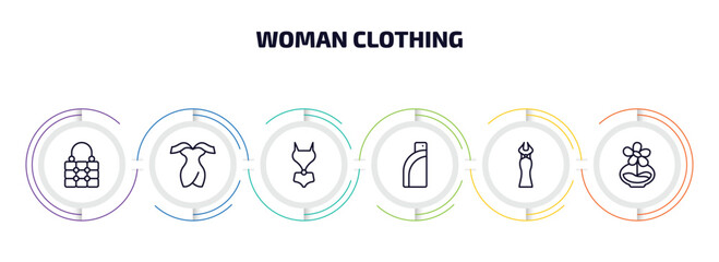 woman clothing infographic element with outline icons and 6 step or option. woman clothing icons such as fashionable hand bag, sexy female dress, female swimsuit, pocket, long dress, stylish perfume